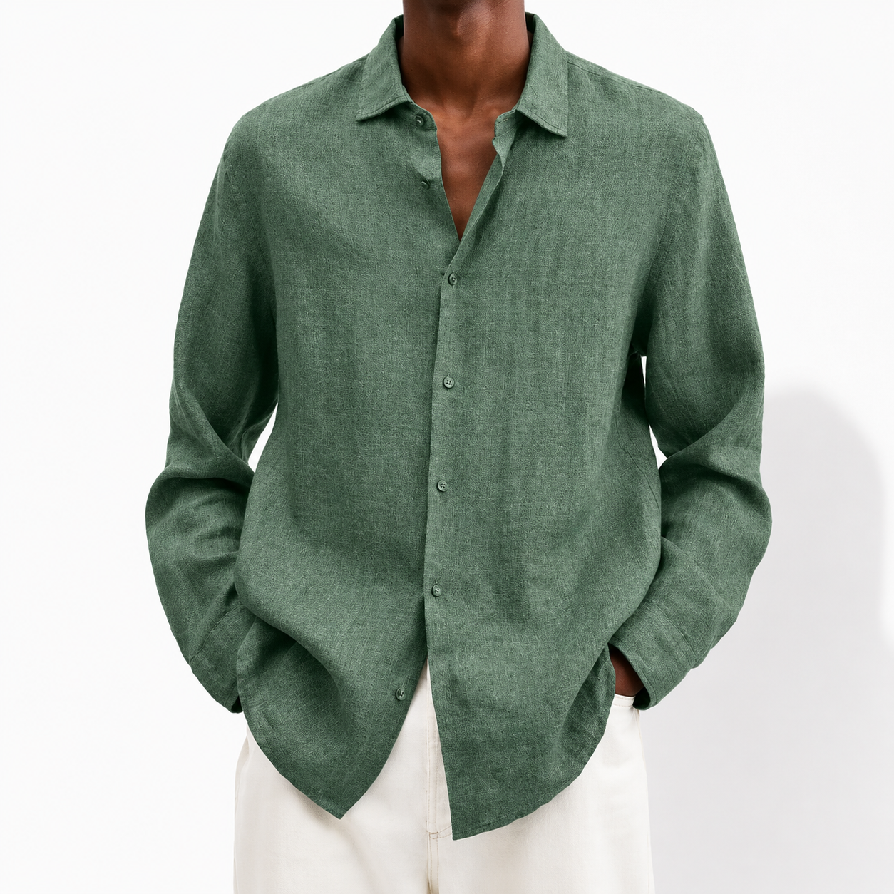 Men's Lightweight Cotton Linen Everyday Shirt in Green – front view | Hensley London