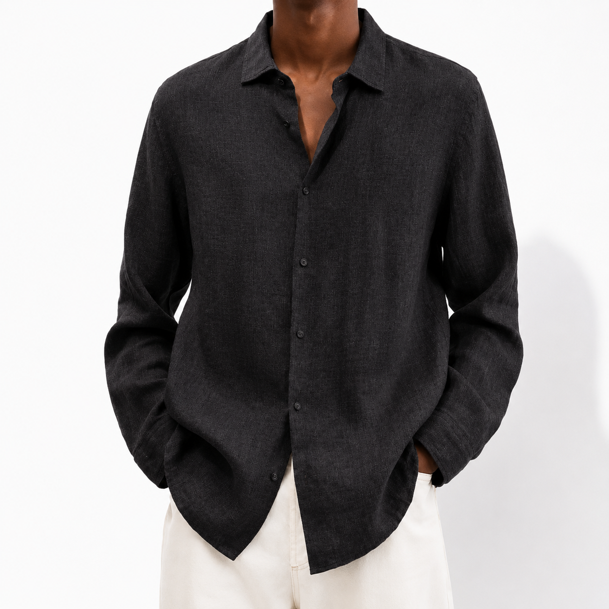 Men's Lightweight Cotton Linen Everyday Shirt in White – front view | Hensley London
