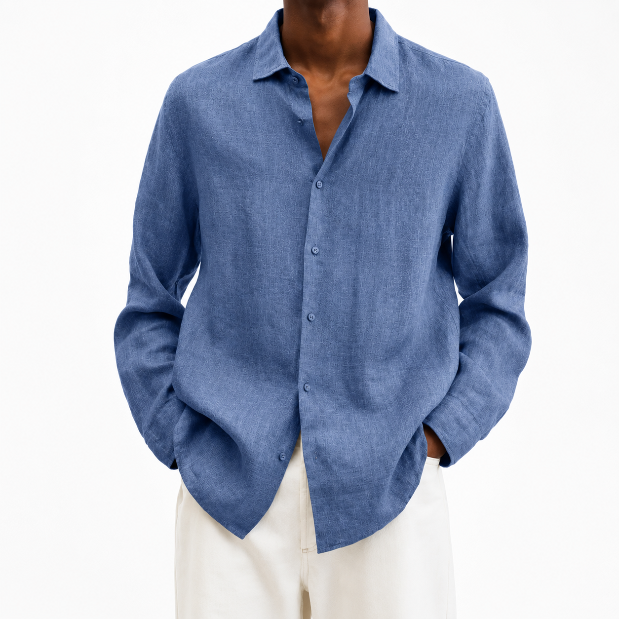 Men's Lightweight Cotton Linen Everyday Shirt in Blue – front view | Hensley London