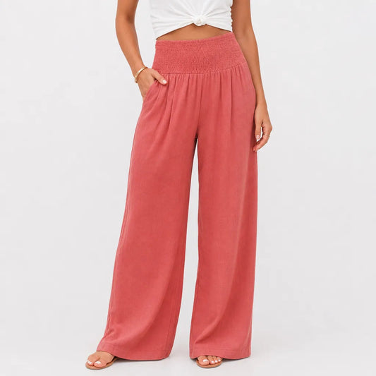Women's Cotton High-Waist Palazzo Pants in Rose Red – front view | Hensley London