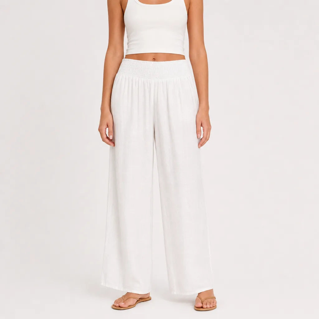 Women's Cotton High-Waist Palazzo Pants in Beige – front view | Hensley London