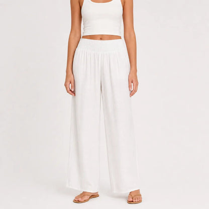 Women's Cotton High-Waist Palazzo Pants in Beige – front view | Hensley London