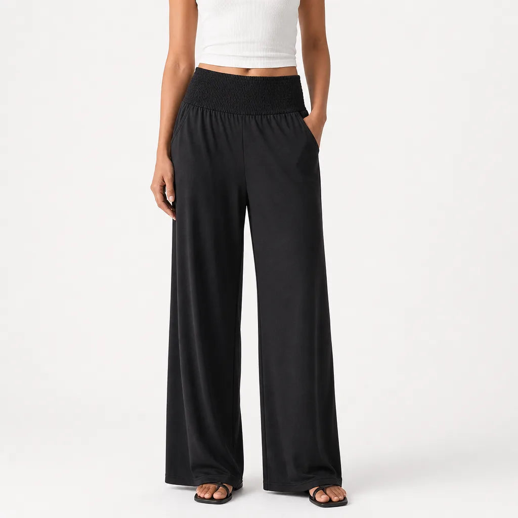 Women's Cotton High-Waist Palazzo Pants in Green – front view | Hensley London