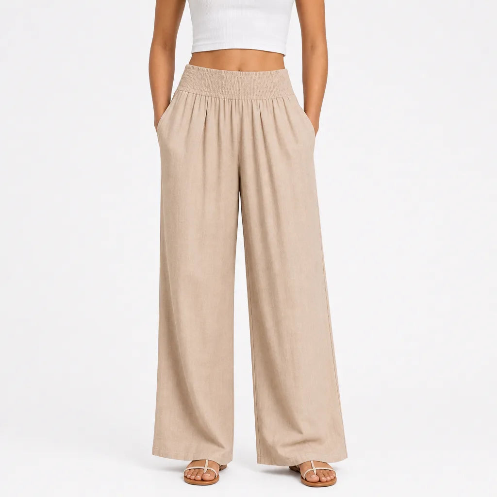 Women's Cotton High-Waist Palazzo Pants – smocked waistband detail | Hensley London