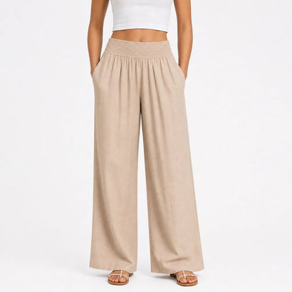 Women's Cotton High-Waist Palazzo Pants – smocked waistband detail | Hensley London