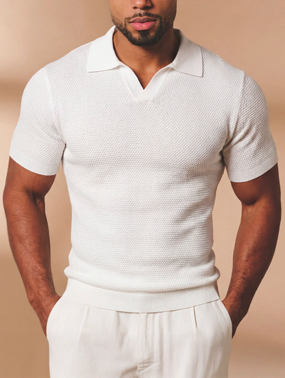 Men's Knit Open Collar Short Sleeve Shirt in White – front view | Hensley London