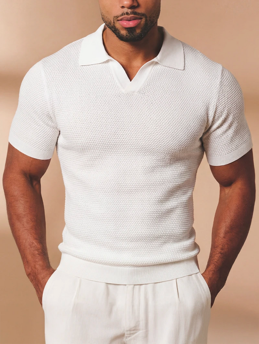 Men's Knit Open Collar Short Sleeve Shirt in White – front view | Hensley London