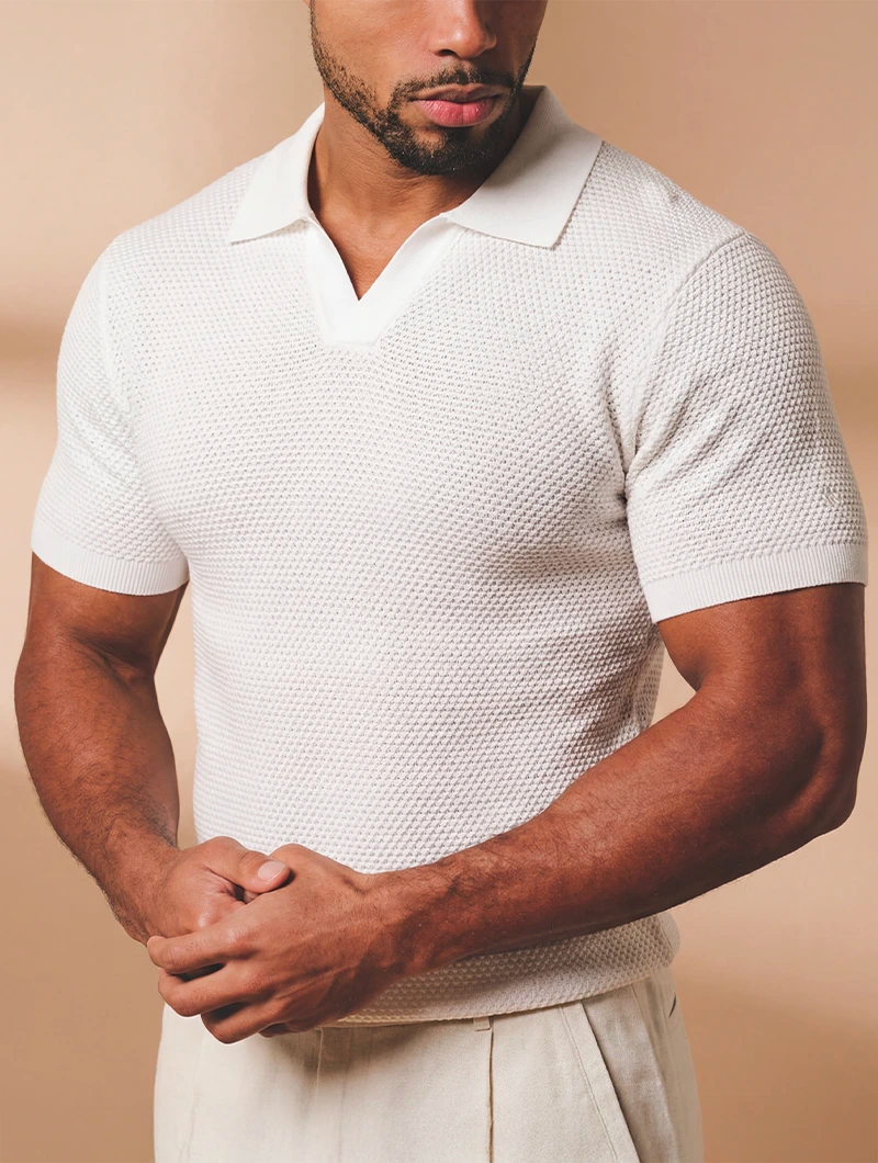 Men's Knit Open Collar Short Sleeve Shirt in White – side view | Hensley London