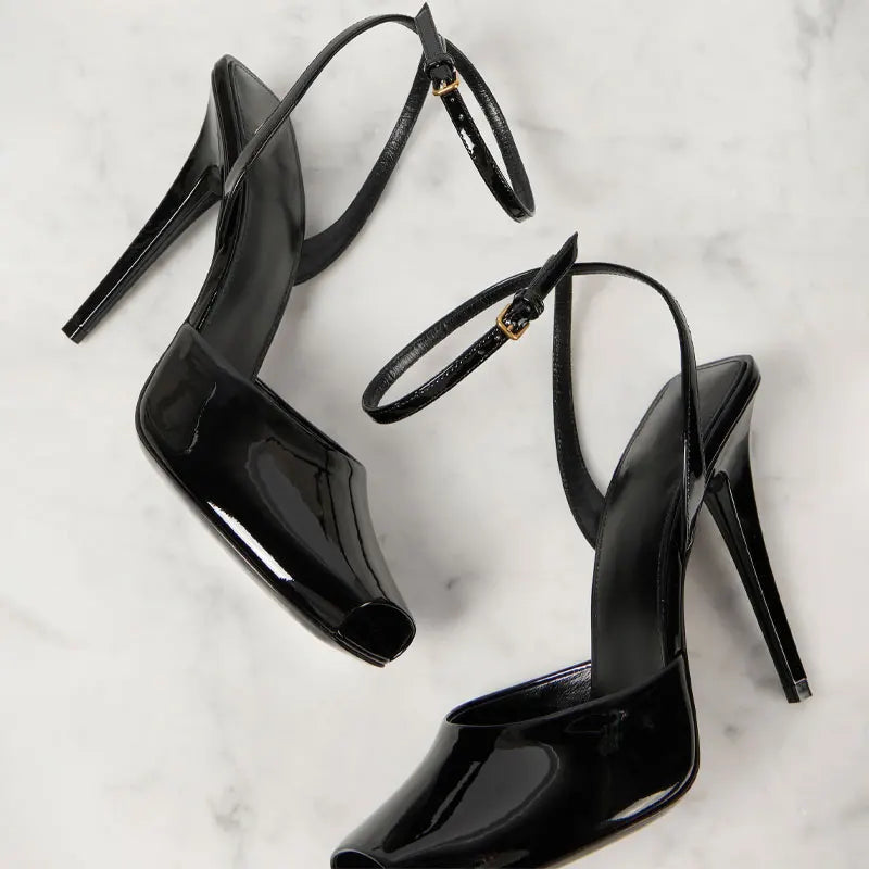 Women's Glossy Faux Leather Peep-Toe Ankle Strap Heels - product view | Hensley London