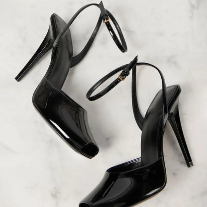 Women's Glossy Faux Leather Peep-Toe Ankle Strap Heels - product view | Hensley London