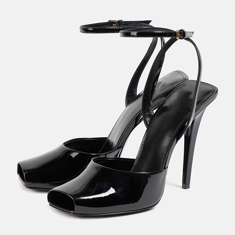 Women's Glossy Faux Leather Peep-Toe Ankle Strap Heels - product view | Hensley London