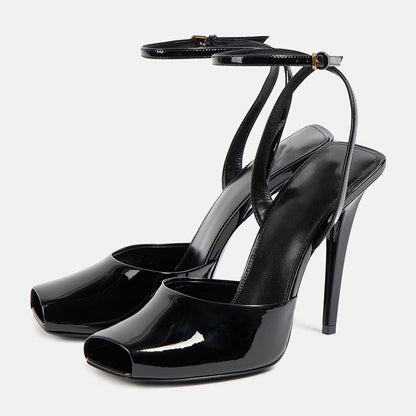 Women's Glossy Faux Leather Peep-Toe Ankle Strap Heels - product view | Hensley London