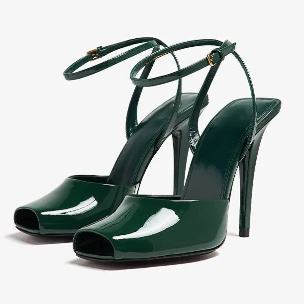 Women's Glossy Faux Leather Peep-Toe Ankle Strap Heels - product view | Hensley London