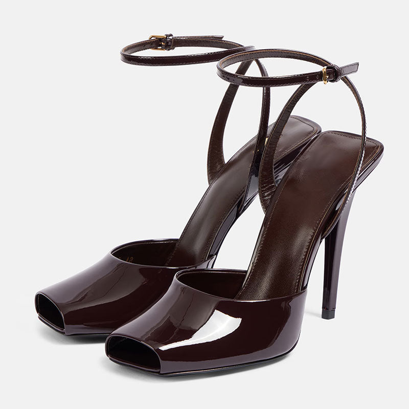 Women's Glossy Faux Leather Peep-Toe Ankle Strap Heels - product view | Hensley London