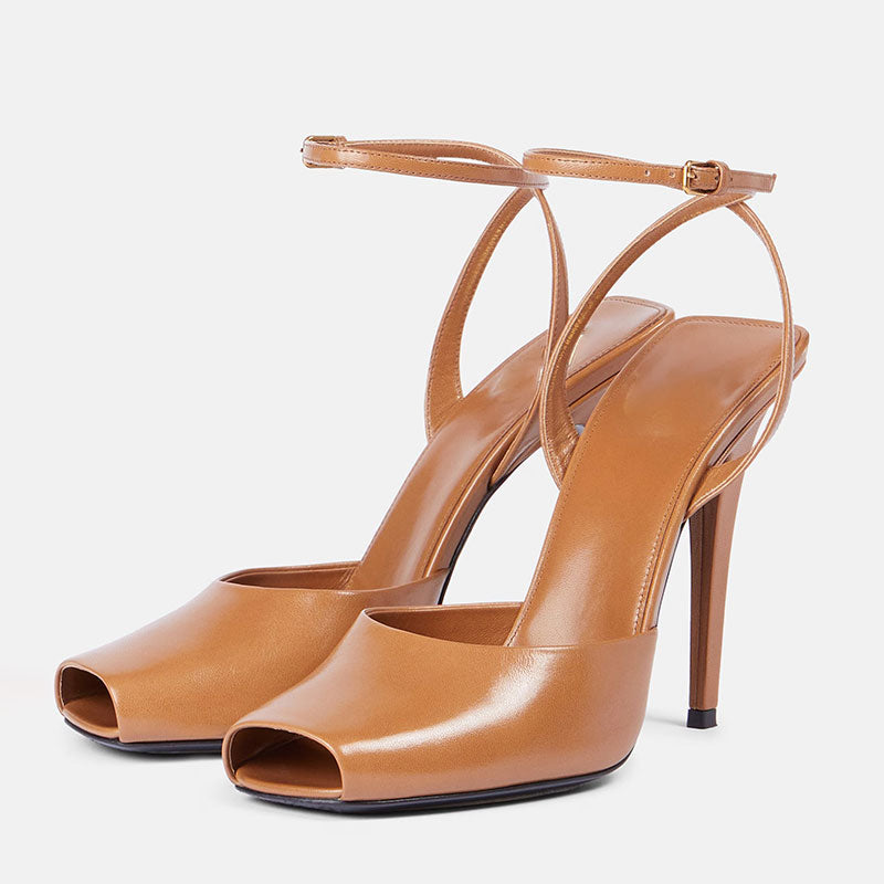 Women's Glossy Faux Leather Peep-Toe Ankle Strap Heels - product view | Hensley London