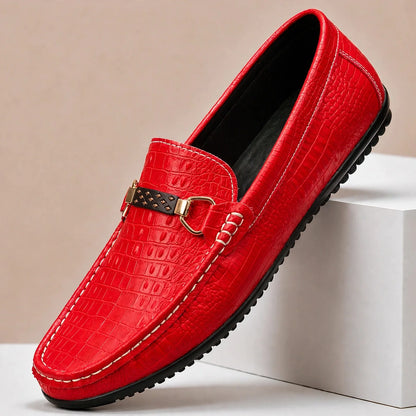 Men's Textured Bit-Detail Driving Loafers in Red – Product view | Hensley London