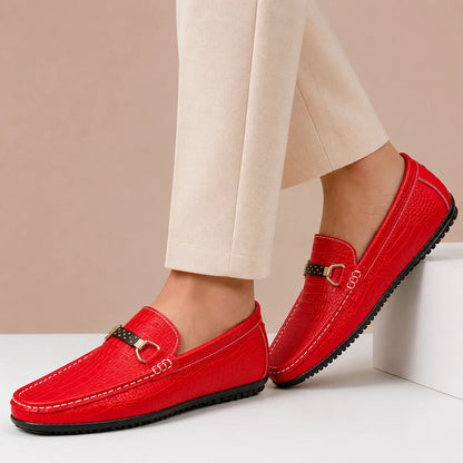 Men's Textured Bit-Detail Driving Loafers in Red – Product view | Hensley London