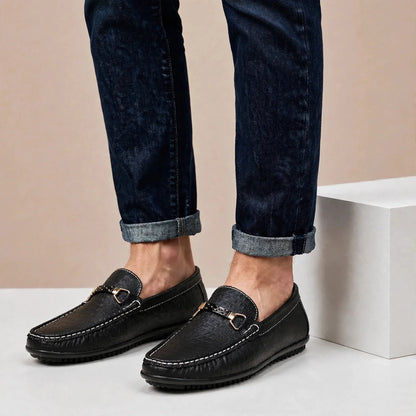 Men's Textured Bit-Detail Driving Loafers in Black – Product view | Hensley London