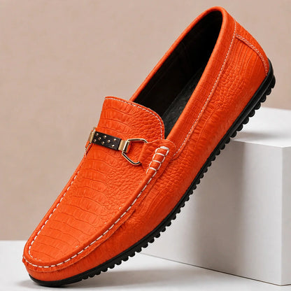 Men's Textured Bit-Detail Driving Loafers in Orange – Product view | Hensley London