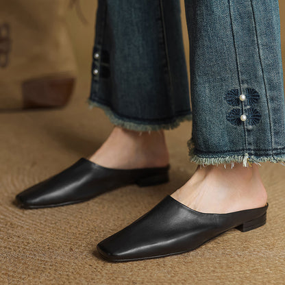 Women's Leather Square-Toe Mules in Black – front view | Hensley London