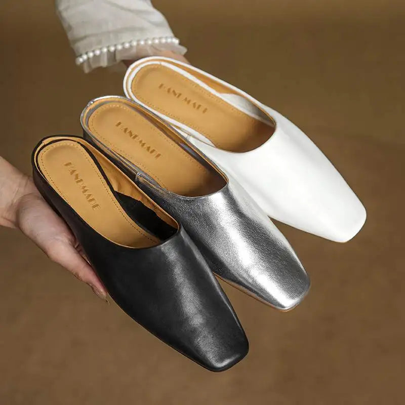 Women's Leather Square-Toe Mules in Black – side view | Hensley London