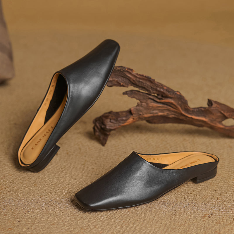 Women's Leather Square-Toe Mules in Silver – top view | Hensley London