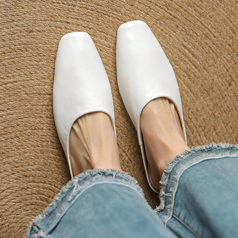 Women's Leather Square-Toe Mules in White – heel view | Hensley London