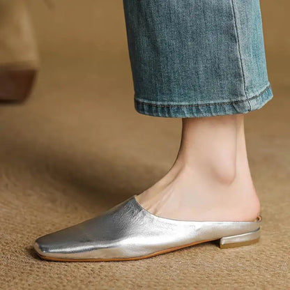 Women's Leather Square-Toe Mules in Black – styled view | Hensley London