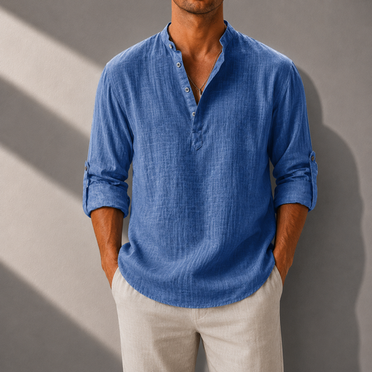 Men's Cotton Linen Henley Shirt in Blue – front view | Hensley London