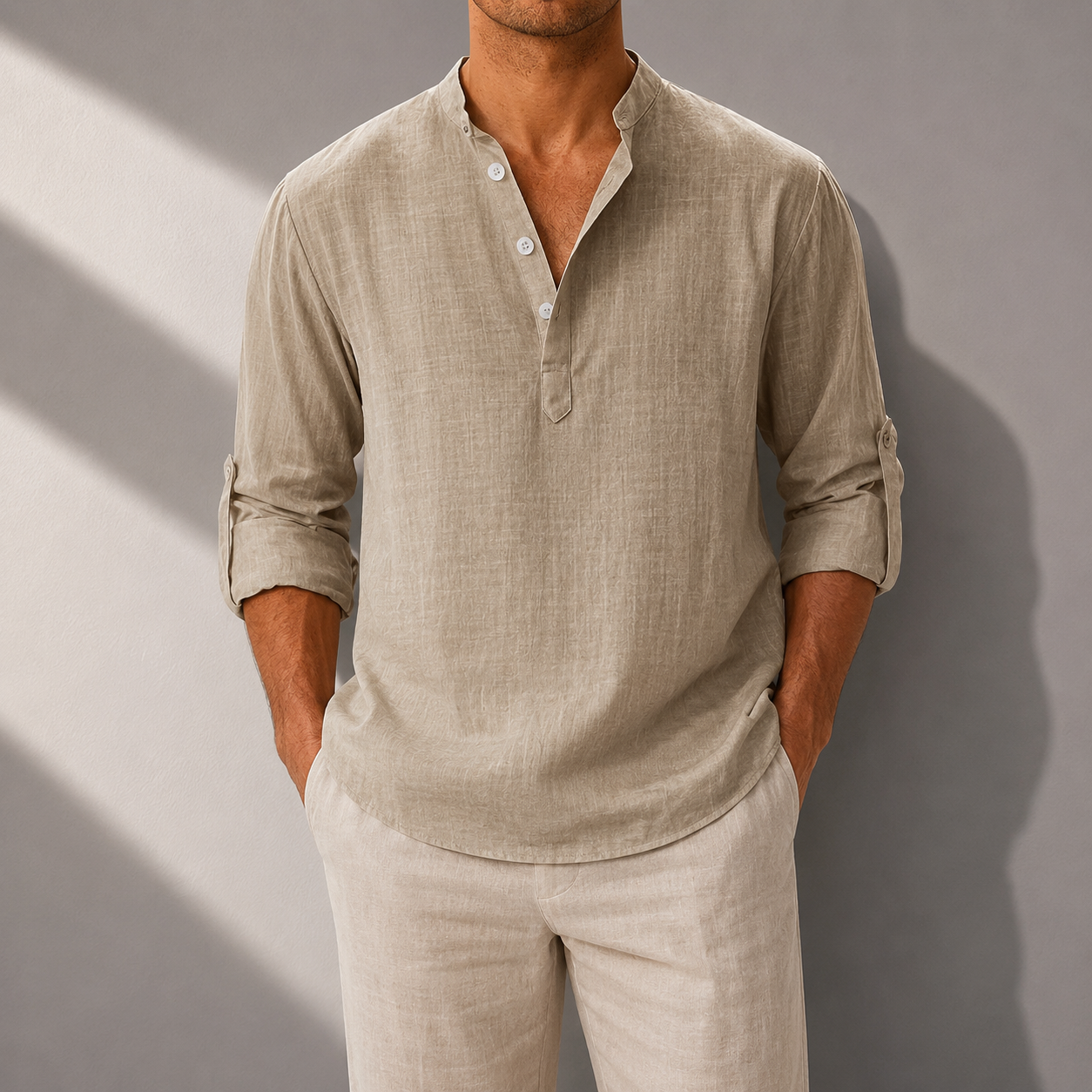 Men's Cotton Linen Henley Shirt in Navy Blue - front view | Hensley London