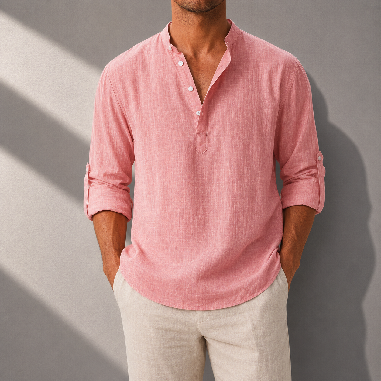 Men's Cotton Linen Henley Shirt in Green – front view | Hensley London