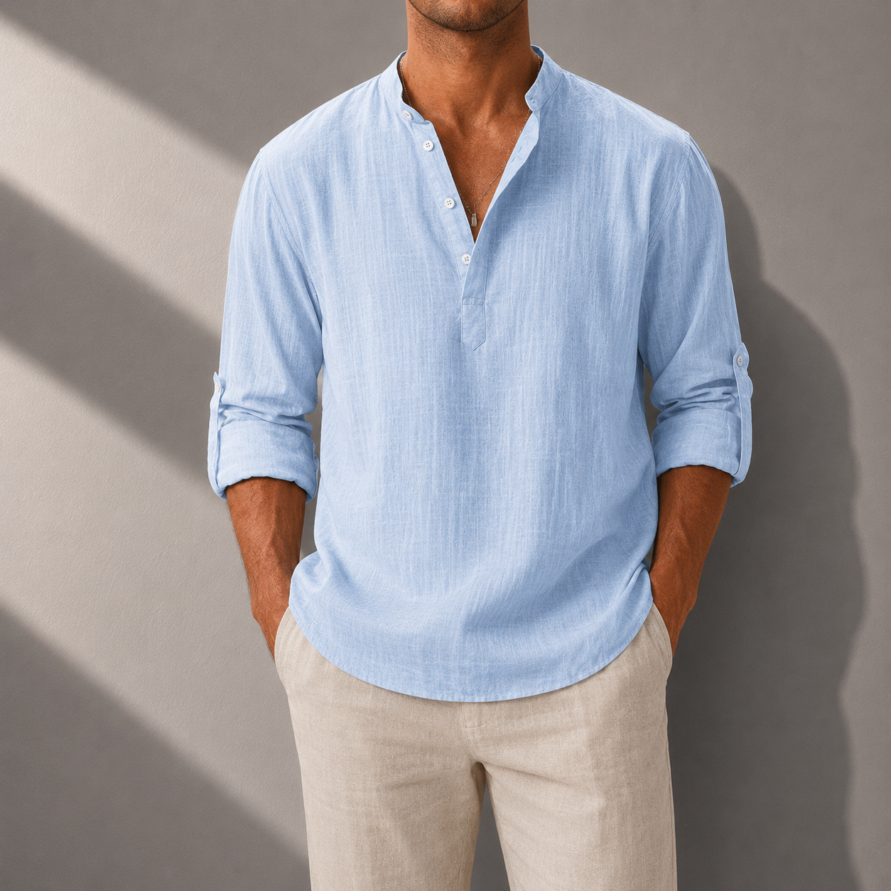 Men's Cotton Linen Henley Shirt in Khaki – front view | Hensley London