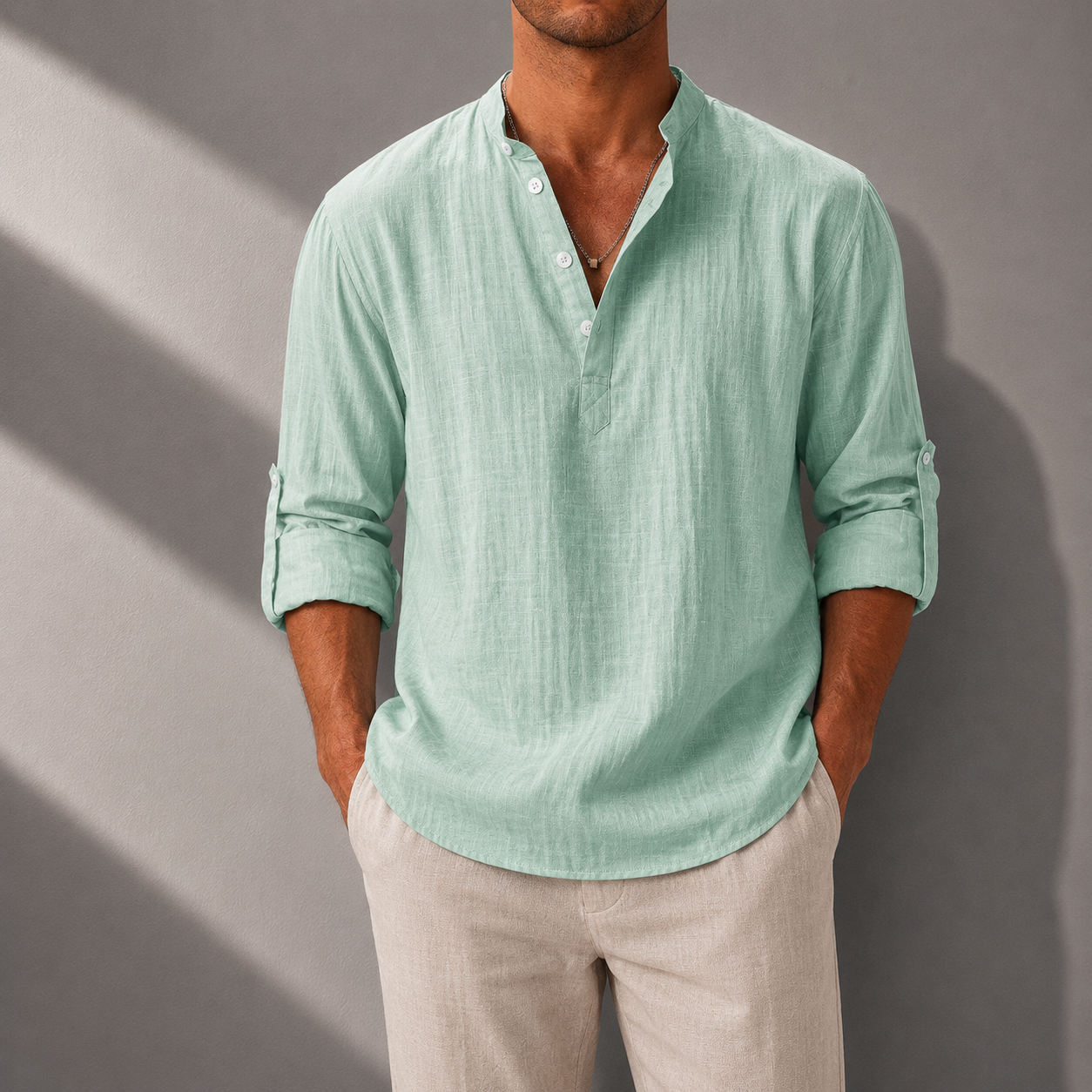 Men's Cotton Linen Henley Shirt in Pink - front view | Hensley London