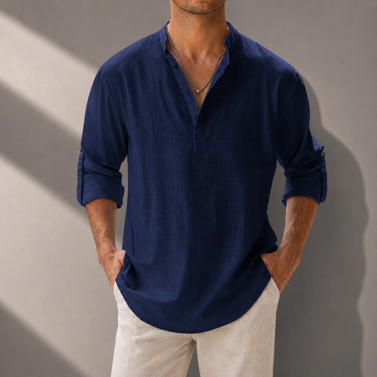 Men's Cotton Linen Henley Shirt in Light Blue – front view | Hensley London