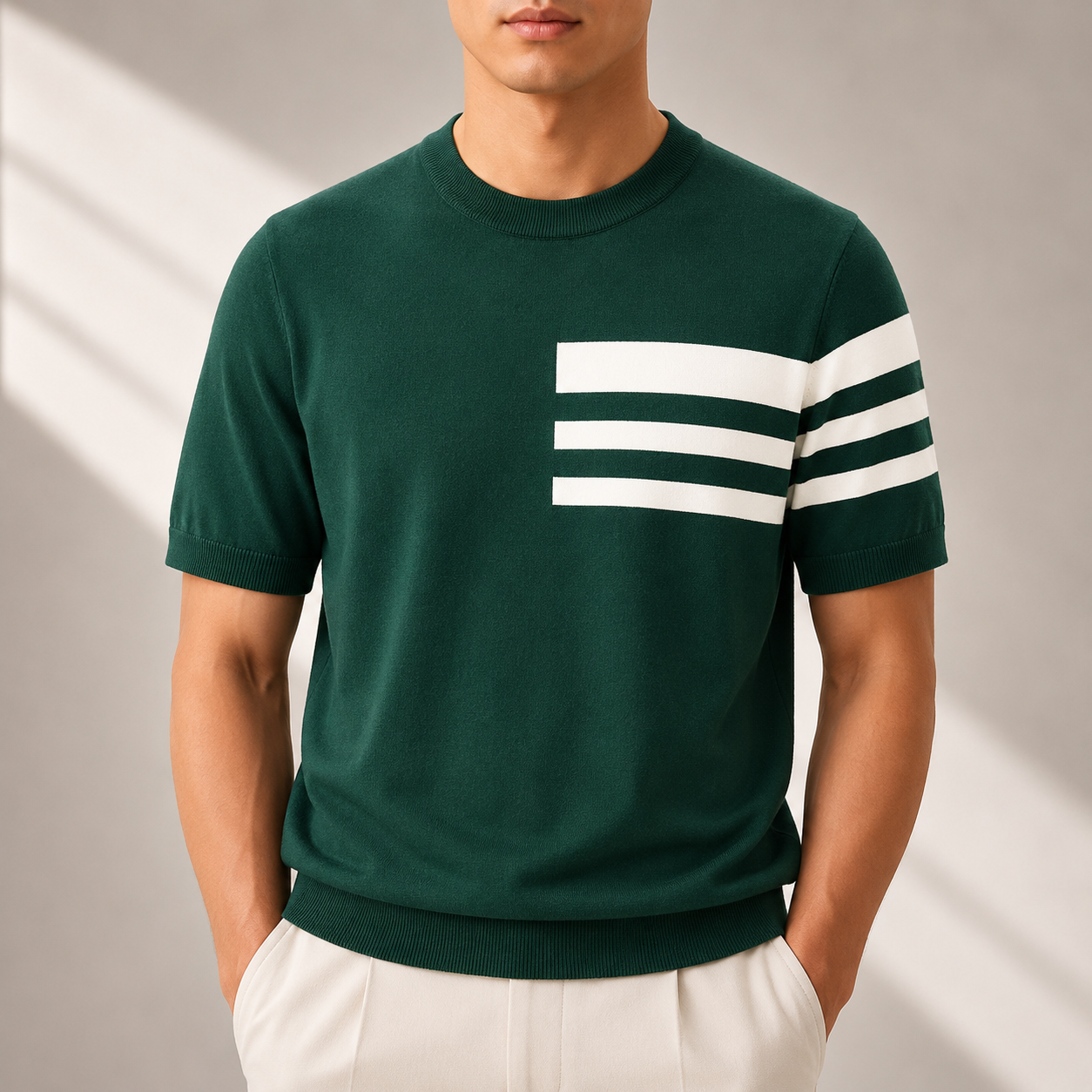 Men's Striped Knit Crew Neck T-Shirt in Green – front view | Hensley London