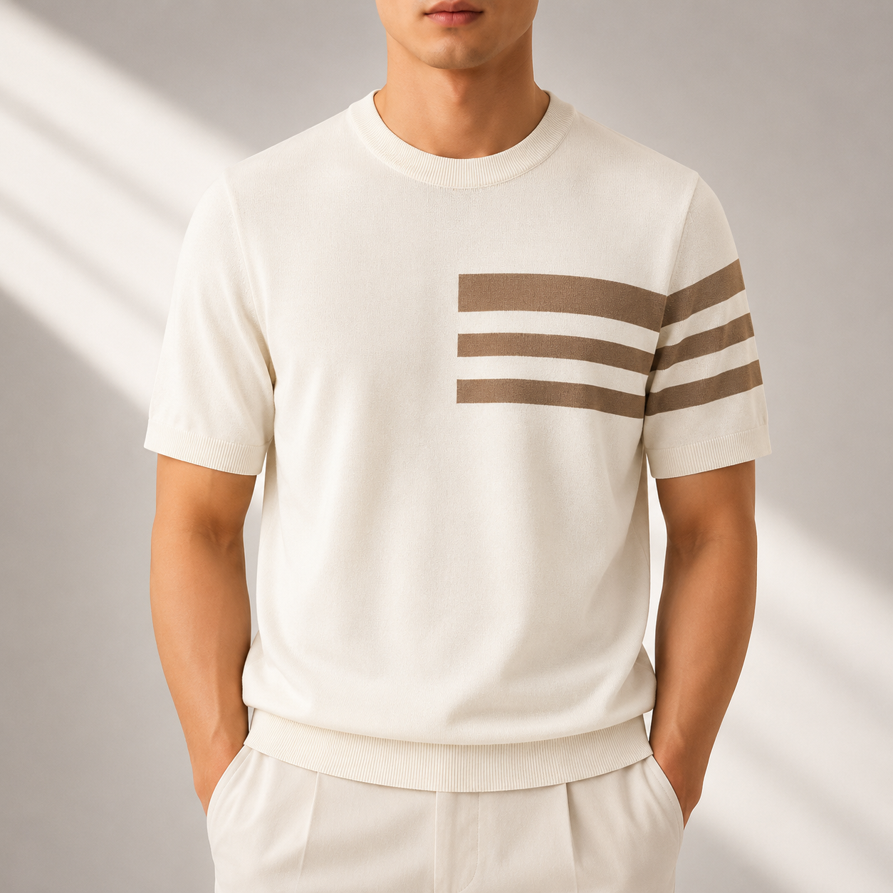 Men's Striped Knit Crew Neck T-Shirt in Apricot – front view | Hensley London