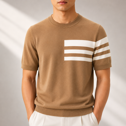 Men's Striped Knit Crew Neck T-Shirt in Khaki – front view | Hensley London