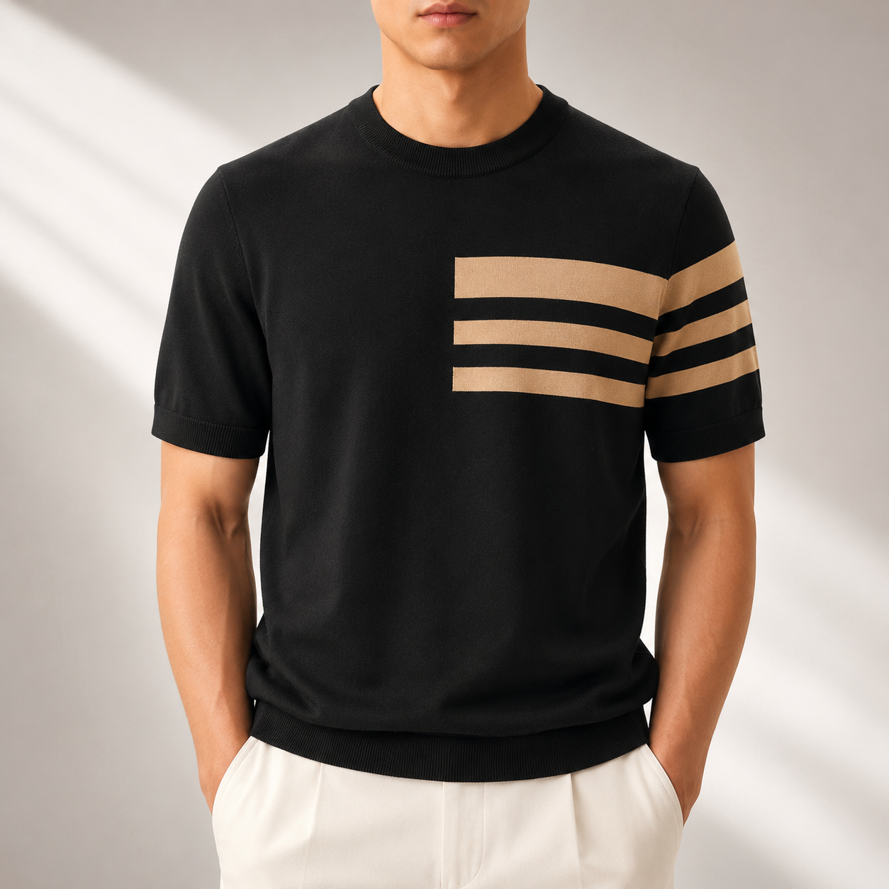Men's Striped Knit Crew Neck T-Shirt in Black – front view | Hensley London
