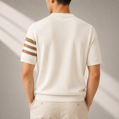 Men's Striped Knit Crew Neck T-Shirt – styled view | Hensley London
