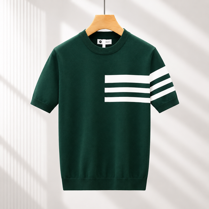 Men's Striped Knit Crew Neck T-Shirt – detail view | Hensley London