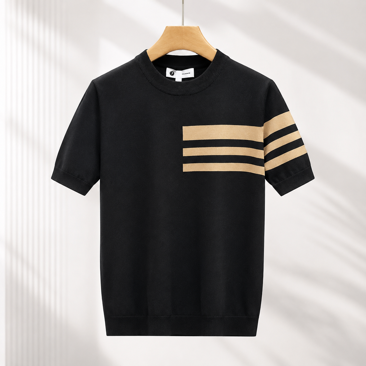 Men's Striped Knit Crew Neck T-Shirt – fabric detail view | Hensley London