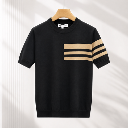 Men's Striped Knit Crew Neck T-Shirt – fabric detail view | Hensley London