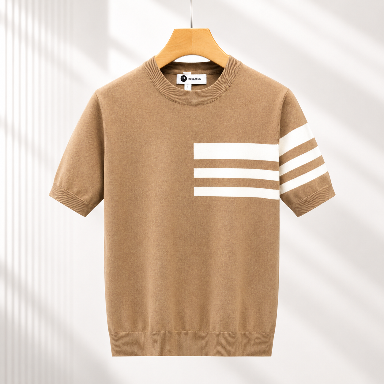 Men's Striped Knit Crew Neck T-Shirt – collar detail view | Hensley London