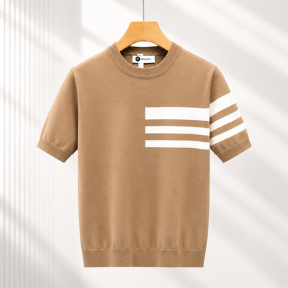 Men's Striped Knit Crew Neck T-Shirt – collar detail view | Hensley London