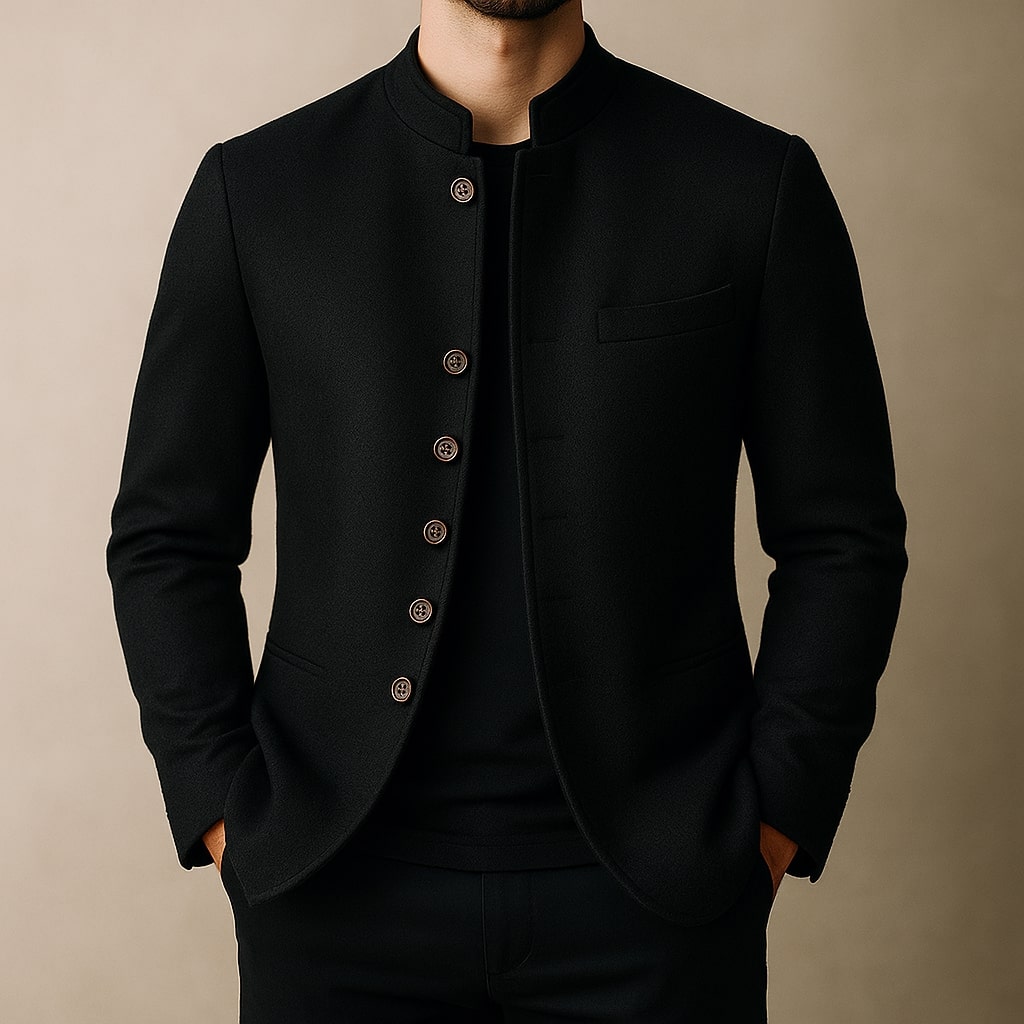 Men's Wool Stand-Collar Jacket - detail view | Hensley London