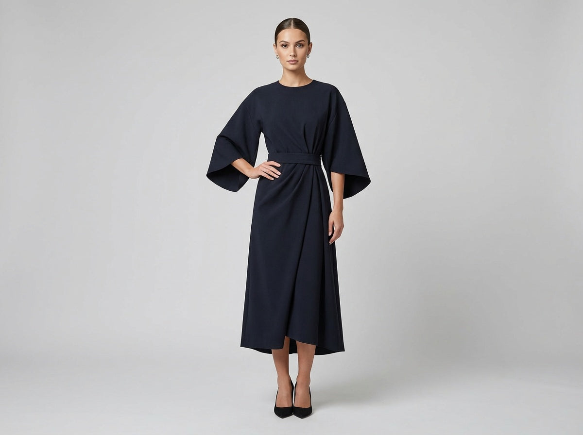 Women's Midi Dress Beige Polyester Elegant Belted - 2
