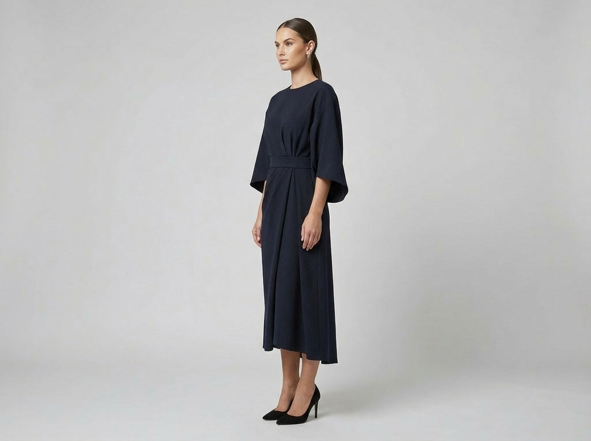 Women's Midi Dress Beige Polyester Elegant Belted - 3