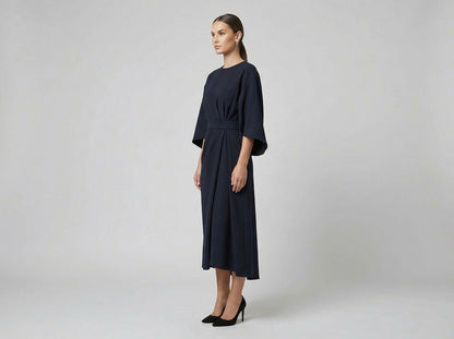 Women's Midi Dress Beige Polyester Elegant Belted - 3