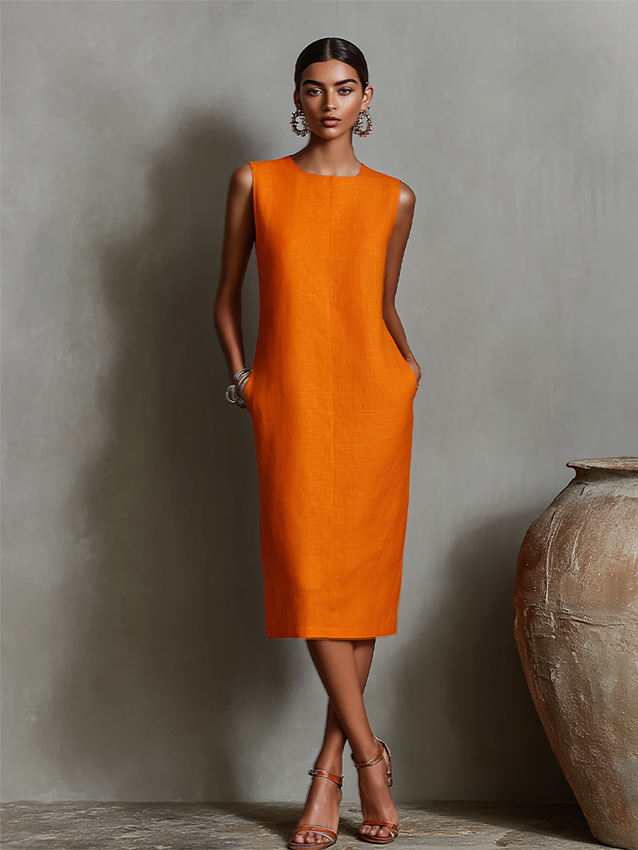 Women's Linen Shift Midi Dress with Pockets – main view | Hensley London