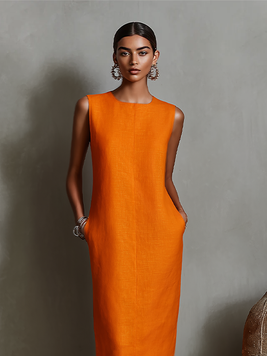 Women's Linen Shift Midi Dress with Pockets – detail view | Hensley London